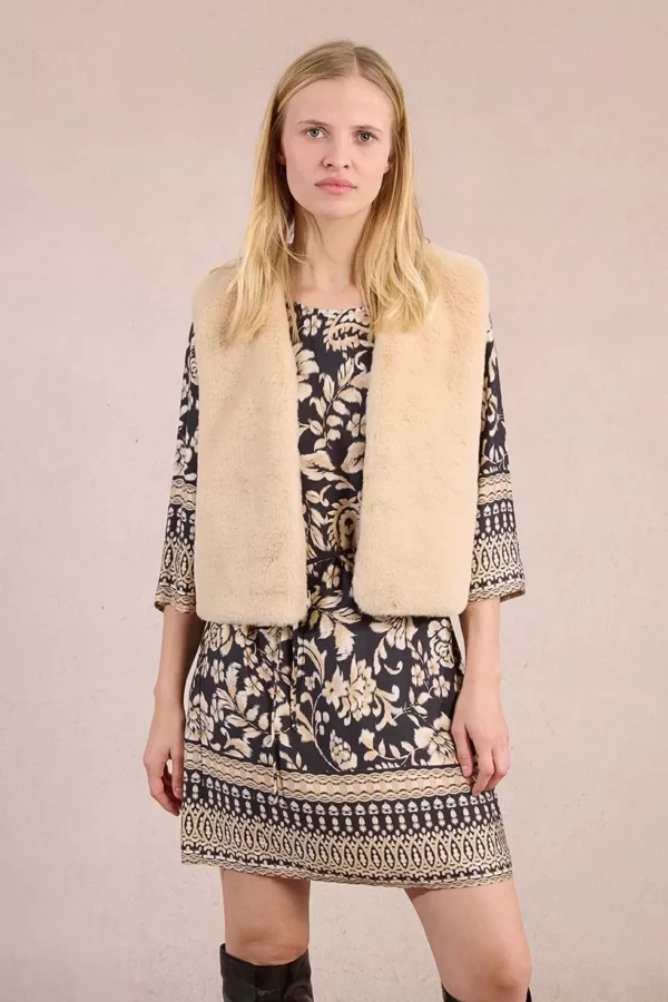 Gilet sans manches en fausse fourrure beige