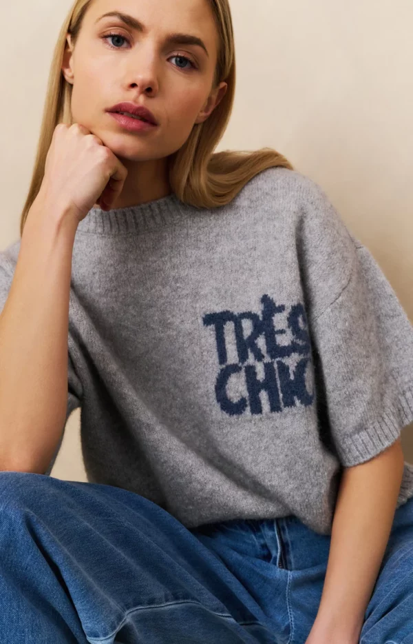 Pull en maille, manches courtes avec écriture