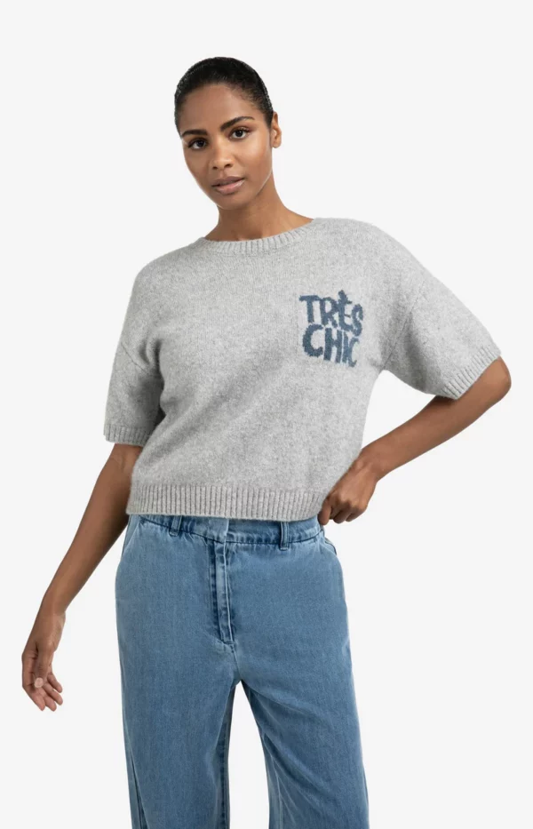 Pull en maille, manches courtes avec écriture – Image 3