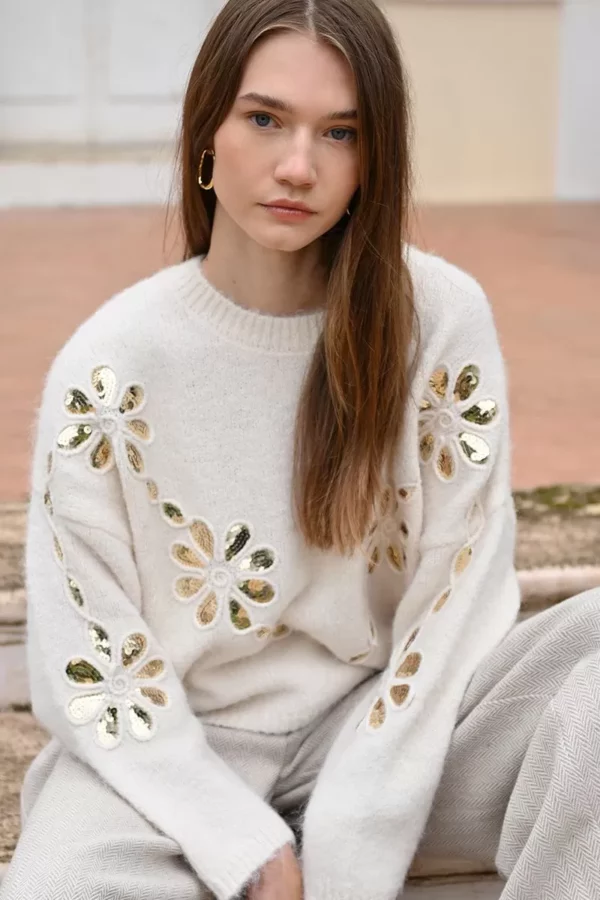 Pull en maille et fleurs sequins